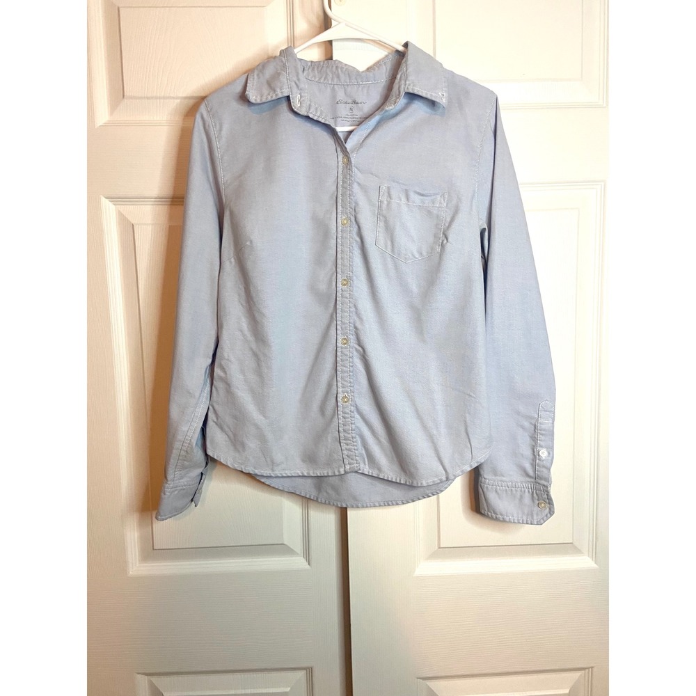 Eddie Bauer Womens Light Blue Cotton Oxford Button Down Shirt Size M Long Sleeve